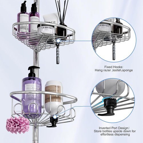 Corner Shower Caddy Tension Pole - Stainless Steel 4-Tier Rustproof Organizer | 47-121 Inch Adjustable Bathroom Shelves for Shampoo Storage - Silver
