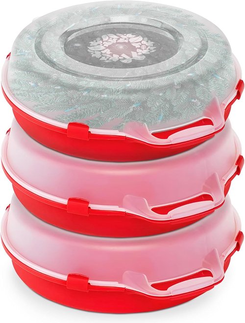 HOMZ 3-Pack Wreath Storage Containers - 24 Inch Clear Plastic Bins with Lids & Handles for Holiday Decor