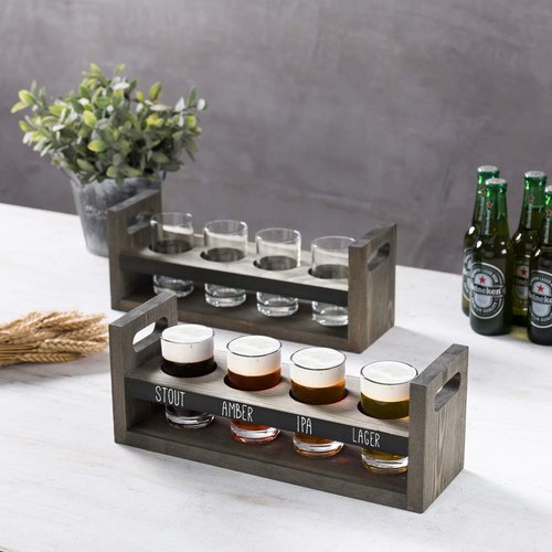 MyGift Vintage Gray Wood Beer Flight Sampler Serving Tray Caddies with Chalkboard Panels & 4 Tasting Glasses, Set of 2