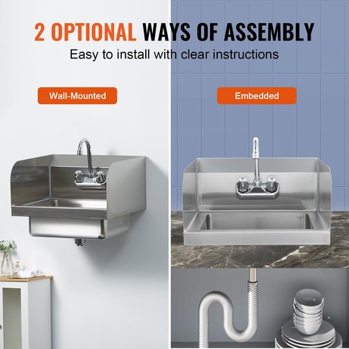 VEVOR Commercial Hand Sink 17x12.8 inch Stainless Steel Sink with Faucet & Side Splash, Wall-Mount Small Hand Basin for Restaurant, Kitchen, Bar, Garage, Home