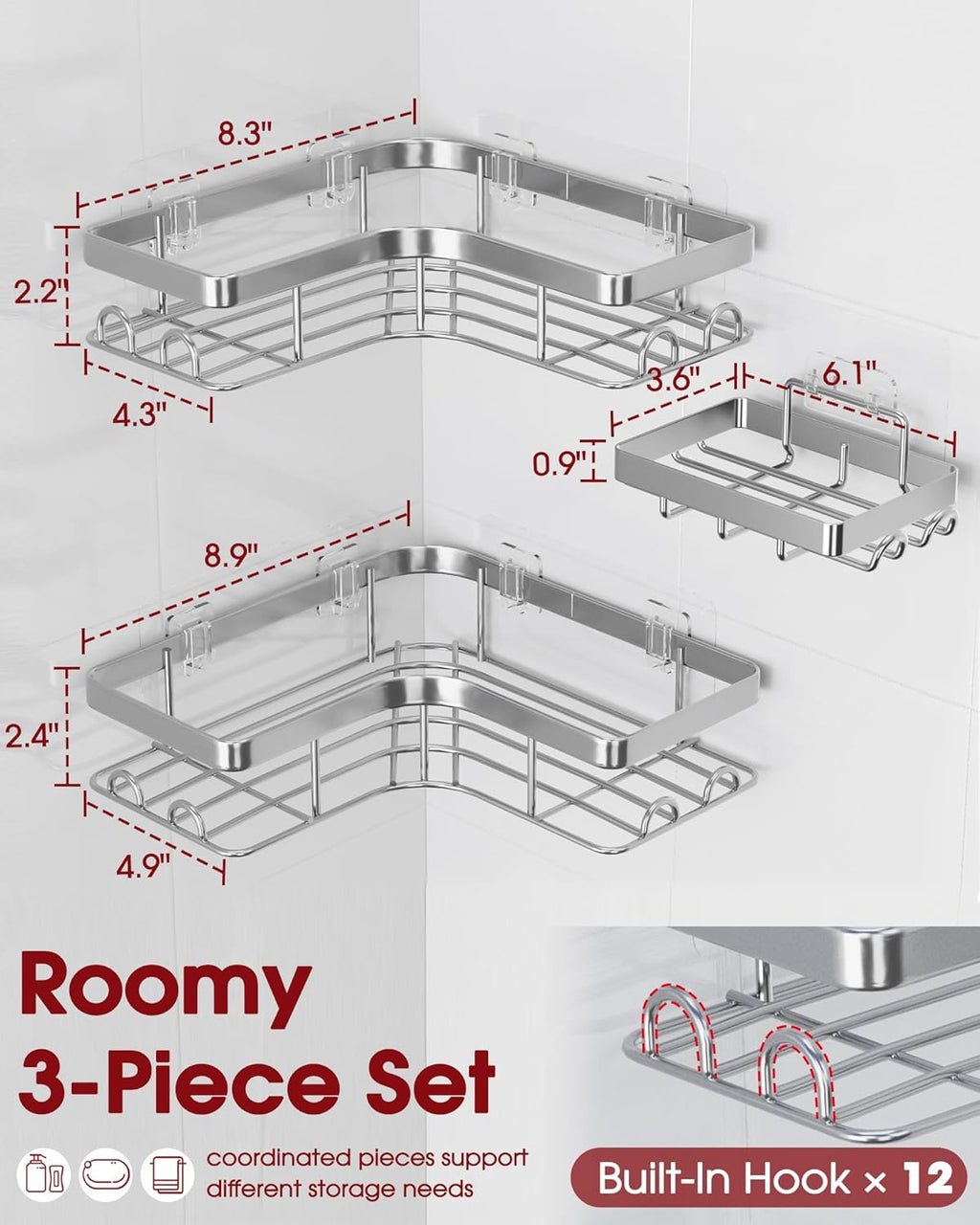Sakugi Corner Shower Caddy - Rustproof Metal Organizer with Soap Holder & Hooks | 3-Pack, Large, Silver