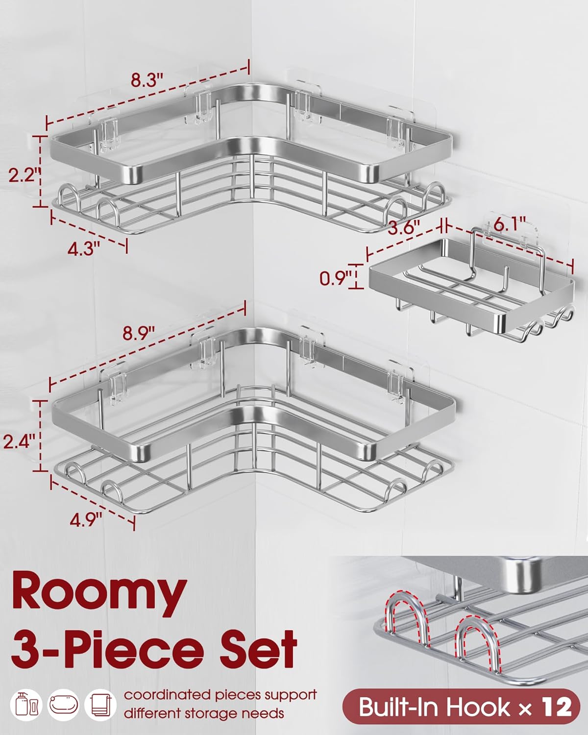 Sakugi Corner Shower Caddy - Rustproof Metal Organizer with Soap Holder & Hooks | 3-Pack, Large, Silver