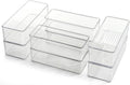 Hudgan Clear Plastic Drawer Organizers - Stackable Deep Organizers for Makeup & Desk | 8 Pack, 2 Sizes