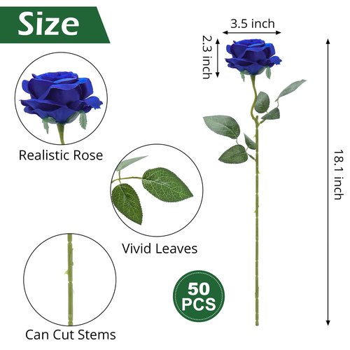 Lcuasc 50pcs Artificial Roses Flowers in Bulk,Realistic Silk Fake Rose with Long Stem for Wedding Centerpieces Bouquet Party Floral Arrangement Home Decoration(Royal Blue)