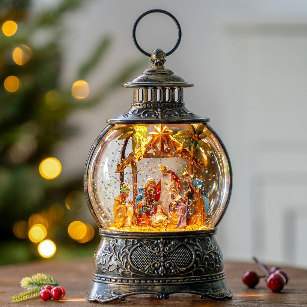 Skiennix Christmas Snow Globe Lantern - Musical Holy Family Nativity Scene | 6-Hour Timer, USB & Battery Operated