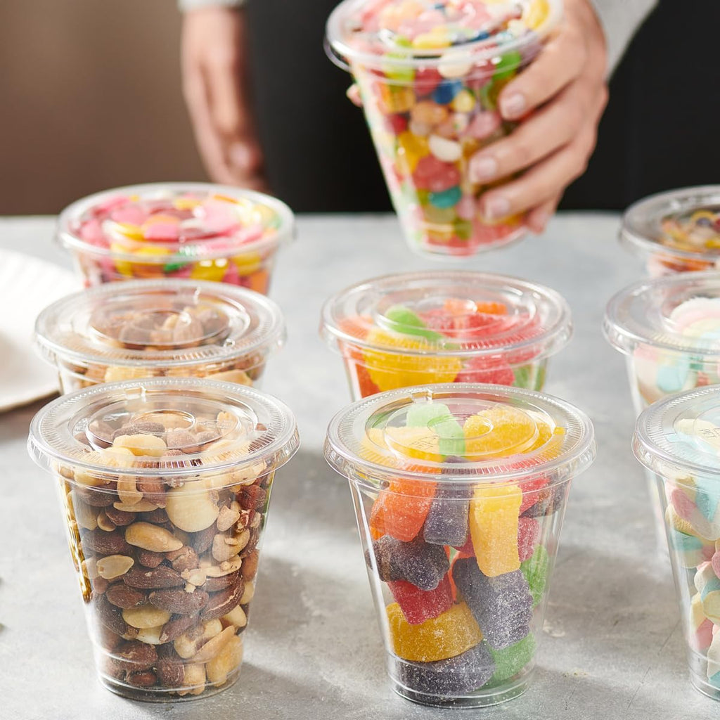 GUSTO 12 oz. Clear Plastic Cups With Flat Lids 50 Count (No Hole), Fruit Cups with Lids for Party - Perfect for Smoothies, Milkshakes, and To-Go Beverages -(Formelry Comfy Package)