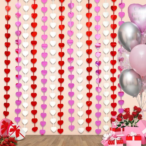 LOLStar Valentines Decorations, 2 Pack Valentines Party Decoration,3.3x6.6ft Red, Pink, White Heart Shape Tinsel Foil Fringe Curtains Photo Backdrop,Streamer Backdrop for Birthday,Engagement,Wedding