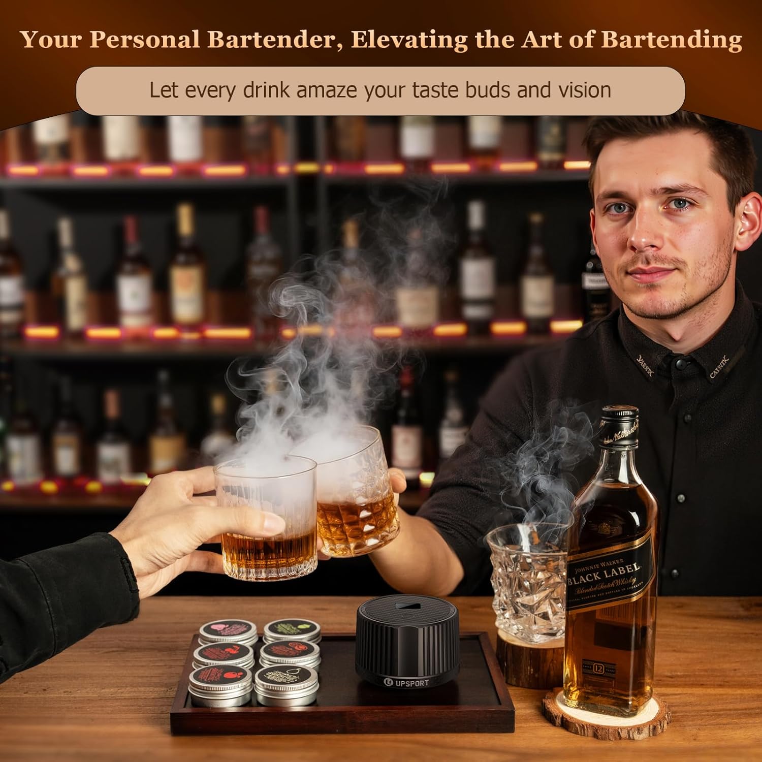 Old Fashioned Cocktail Smoker Kit - Rechargeable Electric Whiskey Smoker with 4 Light Modes & 6 Wood Chips