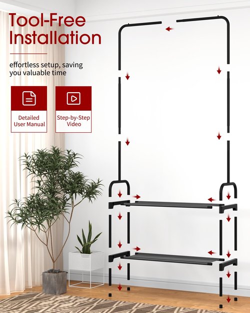 Sakugi Clothes Rack - Clothing Rack with 2-Tier Shoe Rack and Anti-Slip Stopper, Shoe Organizer for Entryway, Bedroom, or Laundry, Black, 29" × 12.2" × 59.3"