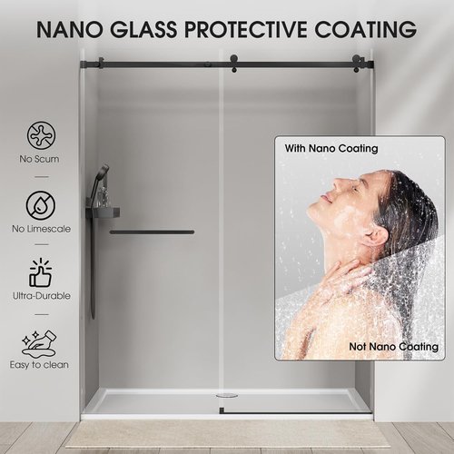 Frameless Glass Shower Door - 5/16'' (8mm) Sliding Design | 56-60 in. W x 75 in. H | SGCC Tempered Glass, Matte Black