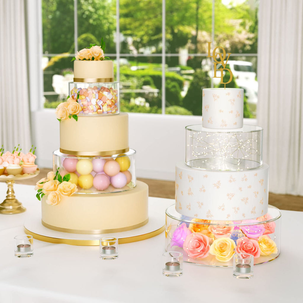NPPLUS 2PCS Acrylic Fillable Cake Stand Cake Riser Cake Tier, Round Cylinder Display Riser Display Box, Decorative Centerpiece for Wedding Birthday Party (12" Dx4 H inch, 8" Dx4 H inch)