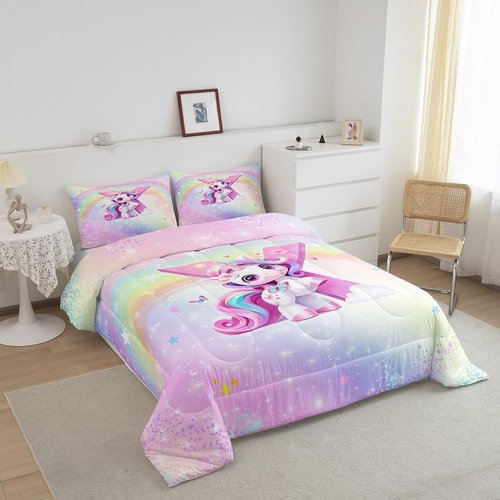 Rainbow Unicorn Comforter Set Twin,Purple Unicorn Kids Bedding Sets for Girls Alphabet Monogram X Bedding for Teens Children Adults Bedroom Decor All Season,Lovely Gradient Glitter Bed Duvet,Pink
