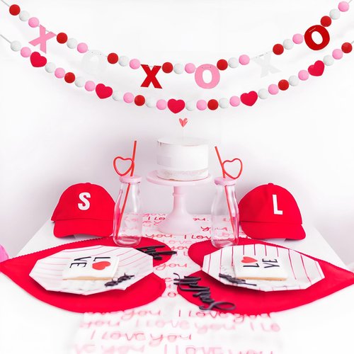 Valentines Day Decorations, 3 PCS Felt Garland with XOXO and Red Heart Shape Garland for Valentine Party, Wedding, Anniversary, Valentines Day Banner for Mantle Fireplace Walls Room Decor