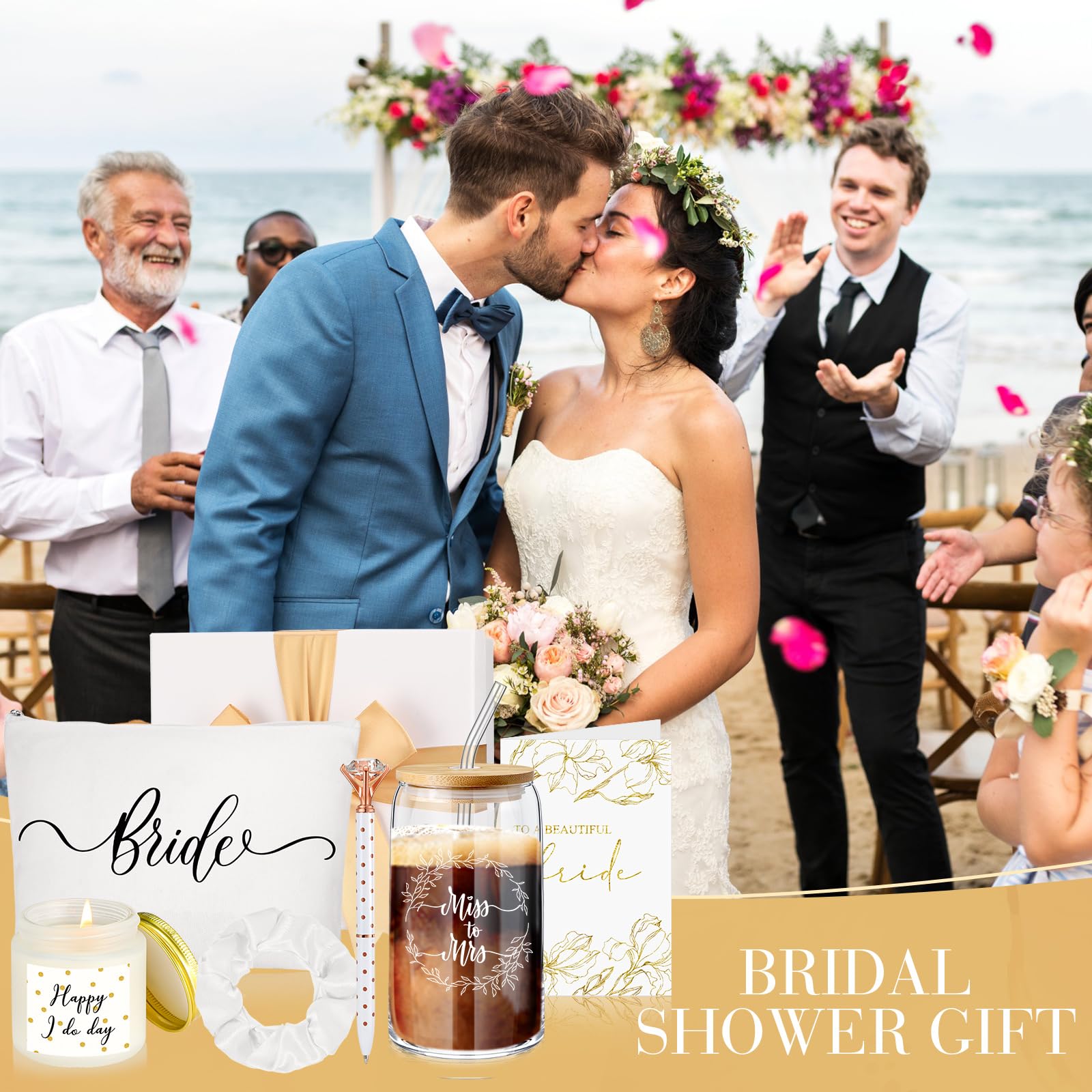 Irenare Wedding Gifts Bride Bridal Shower Gift Including Mrs Can Shaped Drinking Glass with Straw Makeup Bag Crystal Pen Scented Candle Scrunchies Raffia Card Gift Box for Engagement Party(White)