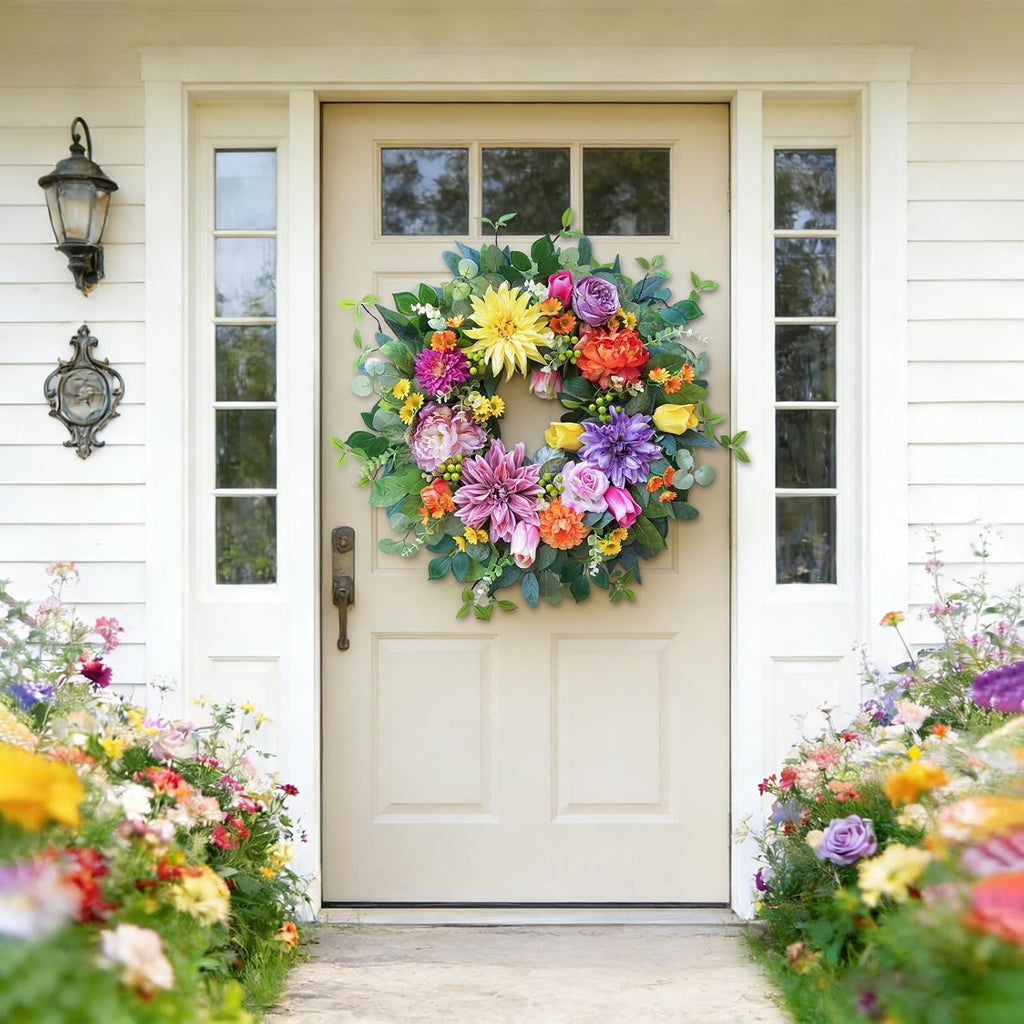Skiennix 24-Inch Spring Summer Wreath - Luxury Colorful Floral Design with Chrysanthemums, Roses & Tulips
