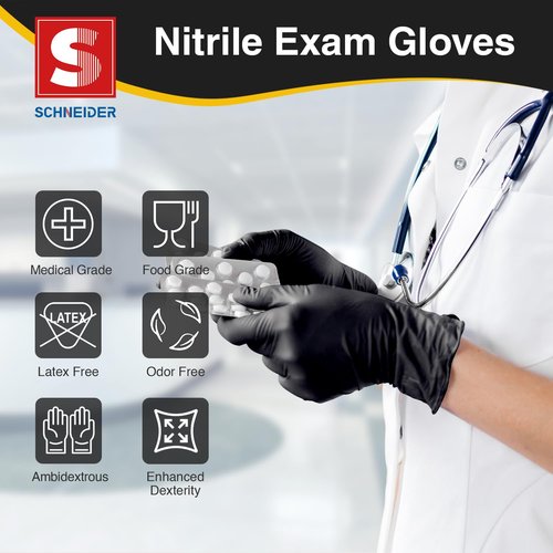 Schneider Nitrile Exam Gloves, Black Latex Free Powder Free Disposable Gloves for Medical, Cooking, Cleaning, and Food Prep (Large, 1000)