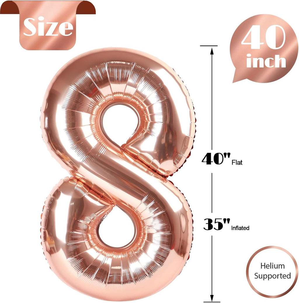 Rose Gold Number 8 Balloon - 40 Inch Giant Foil Balloon for 8th Birthday Party Decorations