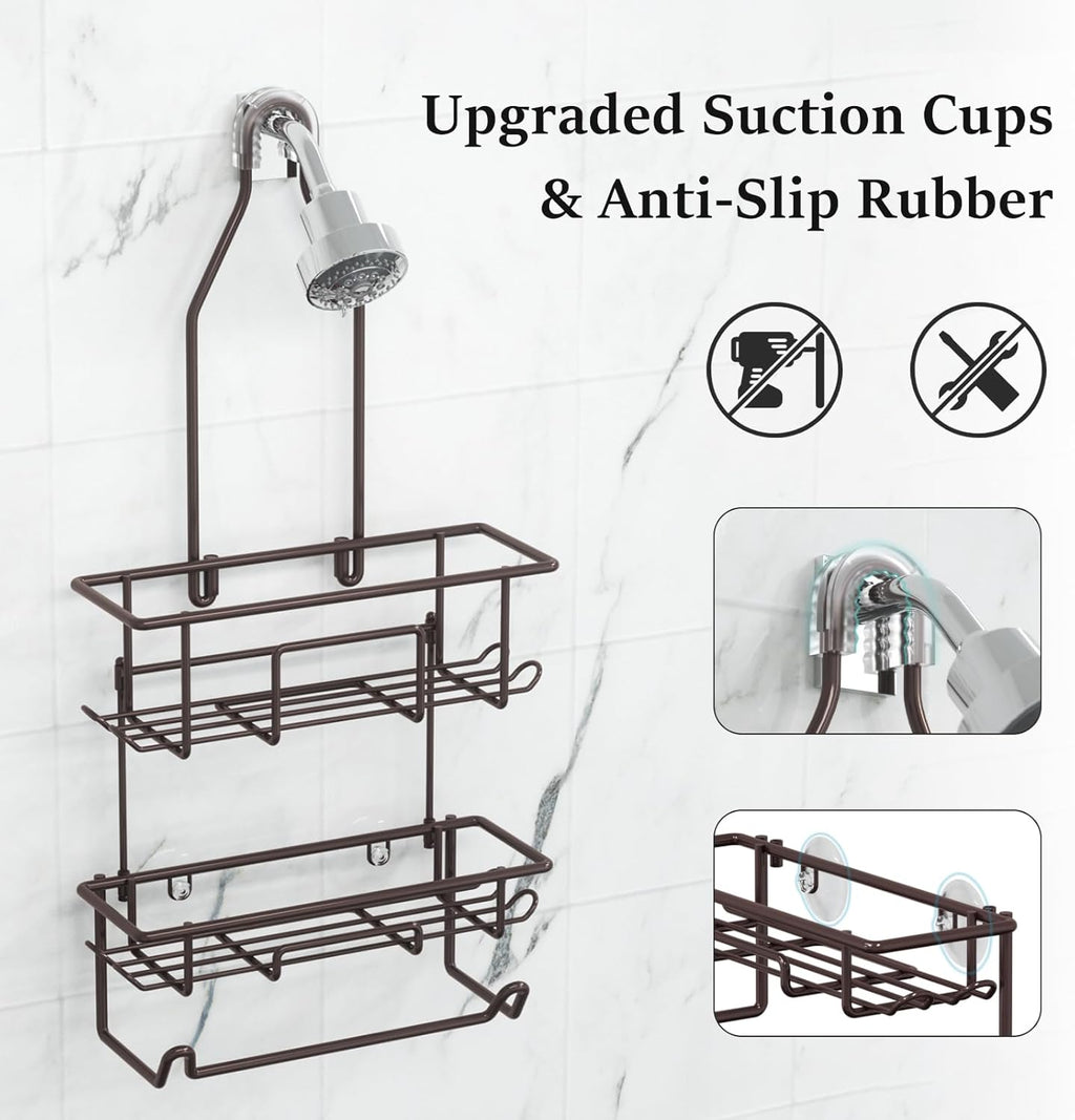Rustic Bronze Shower Caddy by [Brand Name] - Overhead Organizer with 10 Hooks & Towel Bar
