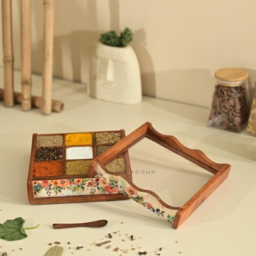 Brick Brown® Premium Wooden Pastel Flora Nava Masala Box with Wooden Spoon | 9-Compartment Spice Box Organizer with Acrylic Lid Meenakari Work | Masala Dani Namak Dani | Masala's Container Dabba