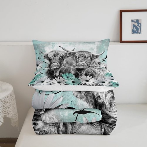 Erosebridal Highland Cow Twin Comforter Set,Western Longhorn Bull Bedding Set for Kids Adults,Farmhouse Animal Print Comforter Soft Breathable,Teal Daisy Floral Bedroom Room Decor,1 Pillowcase