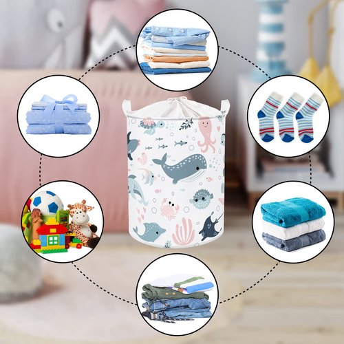 Clastyle Marine Animals Bubbles Kid Laundry Basket with Lid Foldable Sea Shark Dirty Clothes Hamper Round Toy Clothes Pool Beach Towel Basket, Pink Mermaid, 36 * 45 cm