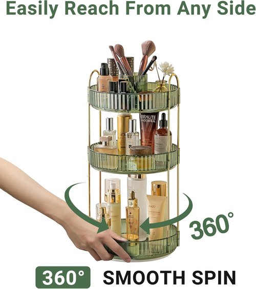 Asayuee 360° Rotating Makeup Organizer - Large 3-Tier Storage for Cosmetics & Skincare | Green