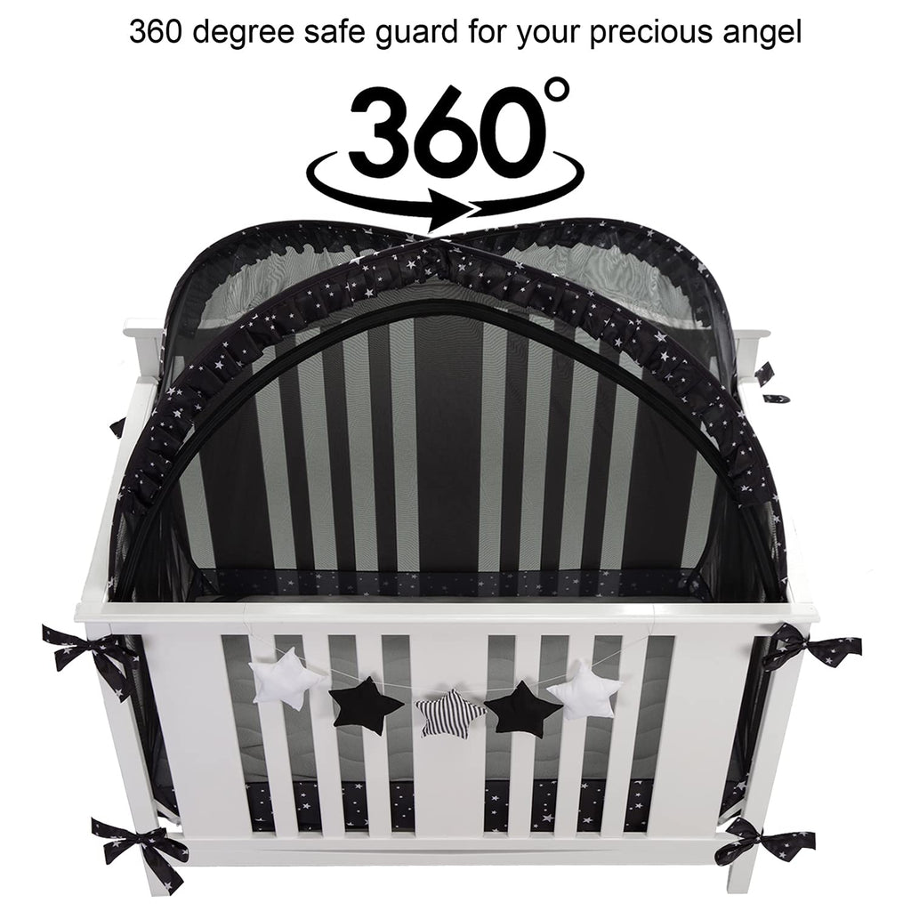 ZXPLO Safety Pop Up Crib Tent Cover to Keep Toddler from Climbing Out - Baby Bed Star Net Canopy with Mesh Organizer