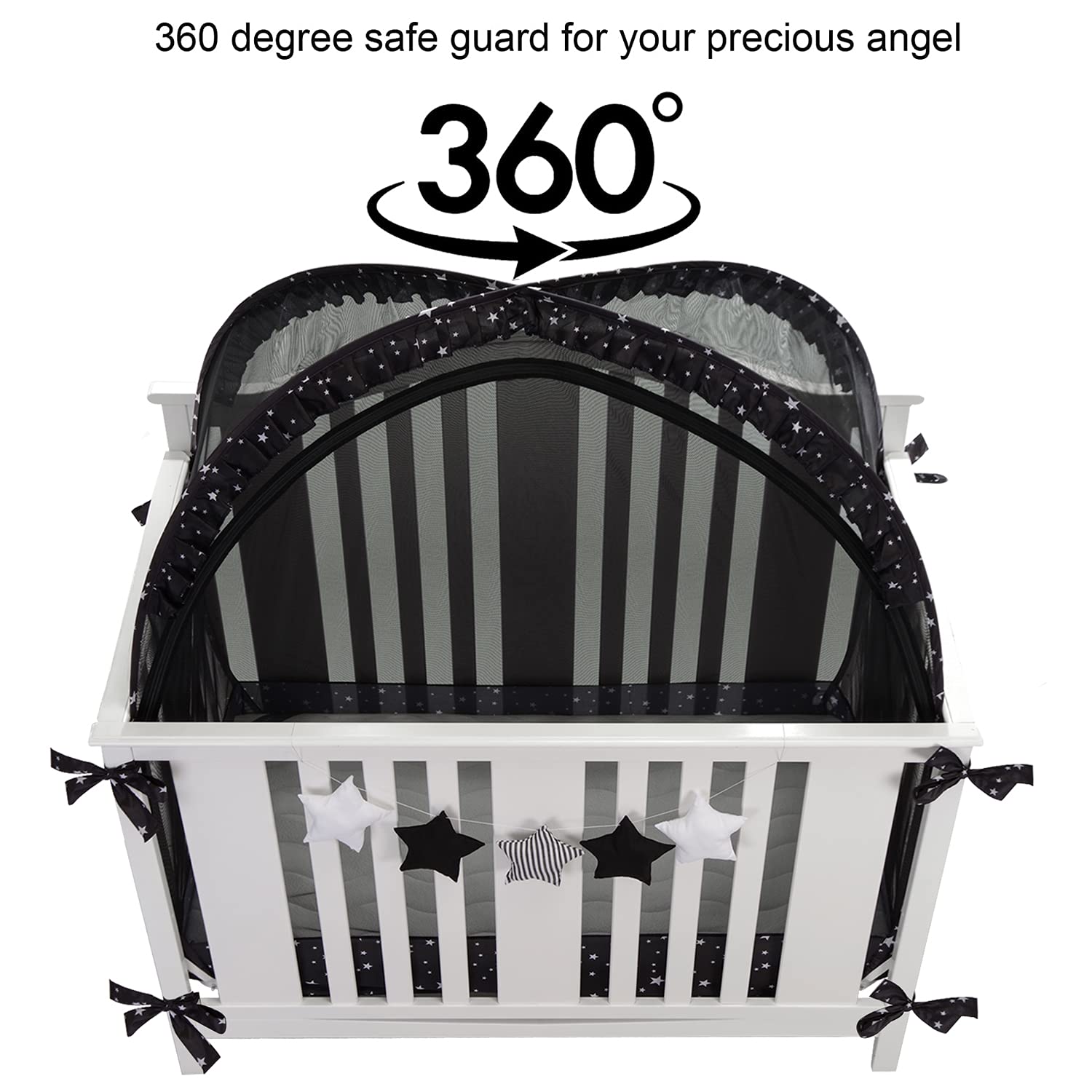 ZXPLO Safety Pop Up Crib Tent Cover to Keep Toddler from Climbing Out - Baby Bed Star Net Canopy with Mesh Organizer