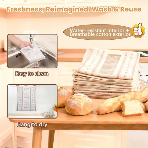 Katgogoo Reusable Bread Bags, Cotton & TPU Lining Bread Bags with Transparent Window, Anti-Slip Lock Keeps Homemade & Sourdough Bread Fresh Longer, Eco-Friendly Washable Storage with Tag(2 Pack)