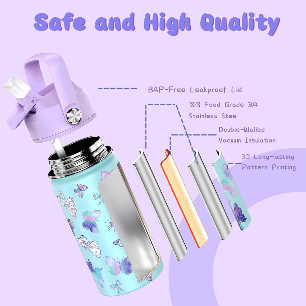 Skiennix 14oz Kids Insulated Water Bottle - Leak-Proof Double Wall Stainless Steel Tumbler (Butterfly)