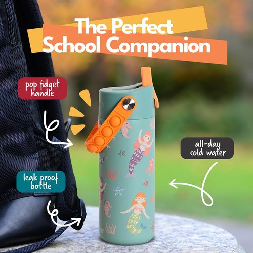 Elemental Insulated Kids Water Bottle - 18oz Stainless Steel with Straw Lid & Pop-It Handle | Leak-Proof for School & Sports - Mermaid Sisters