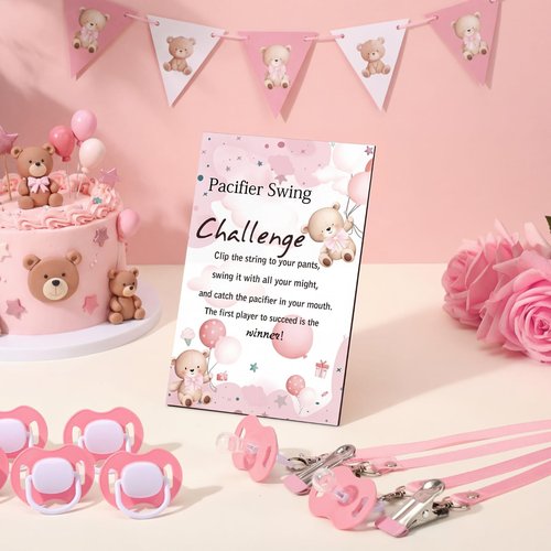 Geelin 12 Sets Swing Pacifier Baby Shower Games Funny Gender Reveal Games, Include 1 Wooden Sign and 12 Plastic Pacifiers for Bridal Baby Shower Gender Reveal Party Women Men(Bear,Pink)