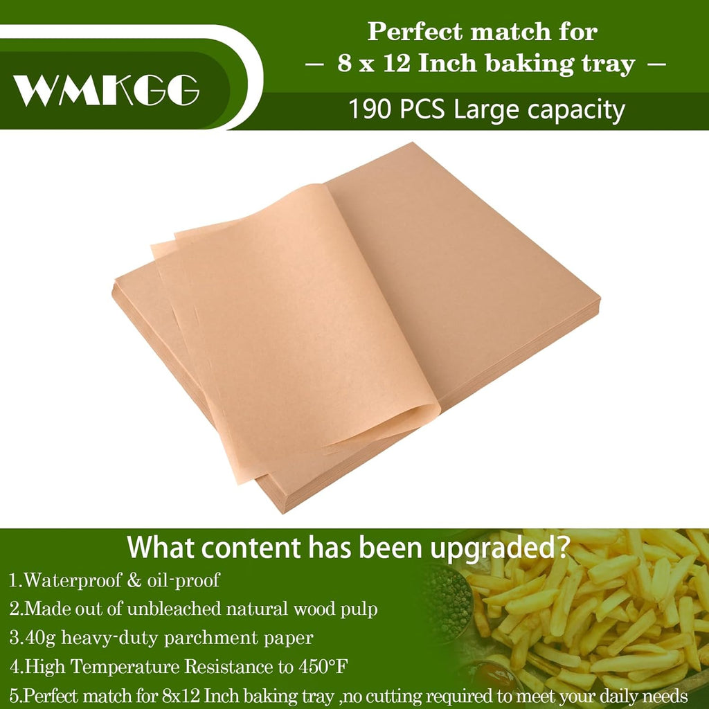 WMKGG Parchment Paper Sheets - 190 PCS Non-Stick Precut Baking Sheets for Air Frying, Grilling & More | 8x12 Inches