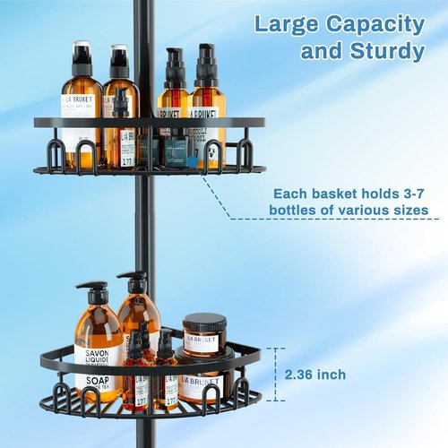 Cutefafa Rustproof Corner Shower Caddy - Height Adjustable Tension Pole with 4 Large Baskets | 23.6 to 114.5 Inch