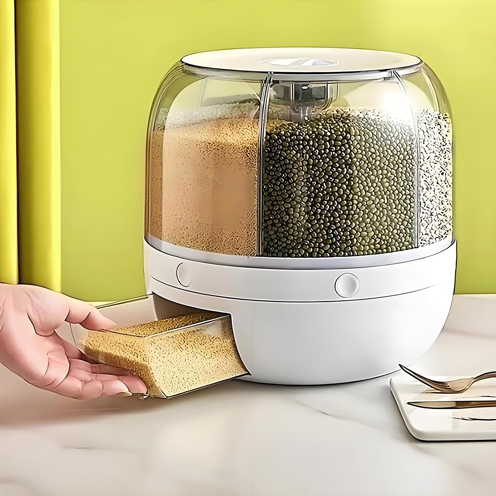 Wnnideo Rotating Grain Storage Bin 6 Grids Rice Container One-Click Output Large Capacity Food Dispenser For Rice Grains Sealed Moisture Proof Organizer (Small)