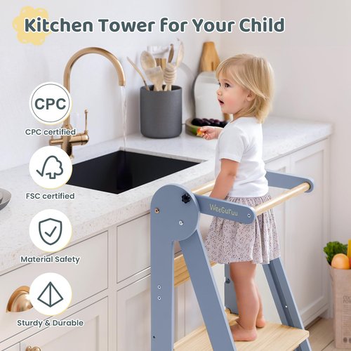 WeeGuruu Toddler Step Stool, Wooden Fold-able Standing Tower Kitchen Stool for Countertop, Bathroom, Montessori Kids Stool with Height Adjustable Platform for Ages 18 Mons to 6 Years Learning Skills
