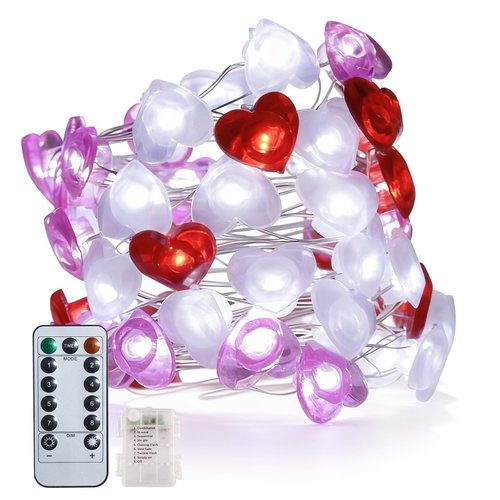 Tigrelight 13.18FT 40LED Pink Red White Heart String Lights Battery Operated with Timer & Remote, Romantic Valentine’s Day Decor for Bedroom, Home, Party, Indoor Heart Fairy Lights Gifts