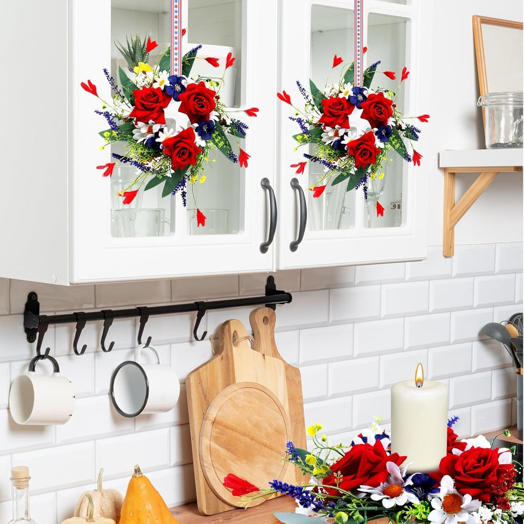 Veterans Day Candle Rings - 4 Pcs Red, White & Blue Mini Floral Wreaths for Patriotic Decor