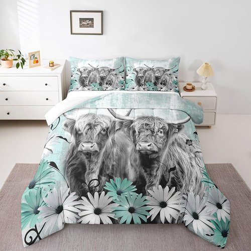 Erosebridal Highland Cow Twin Comforter Set,Western Longhorn Bull Bedding Set for Kids Adults,Farmhouse Animal Print Comforter Soft Breathable,Teal Daisy Floral Bedroom Room Decor,1 Pillowcase