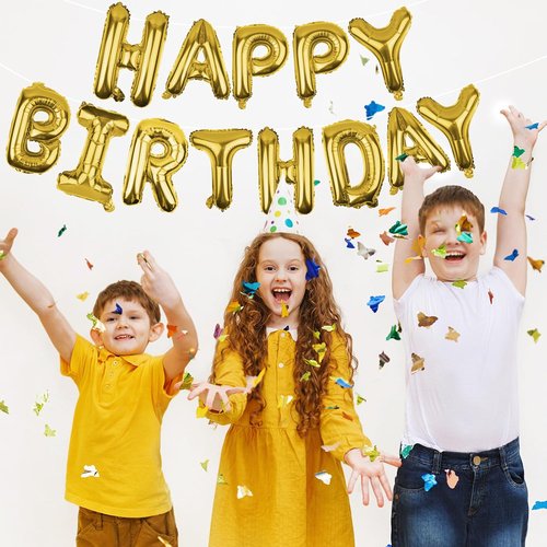 Gold Happy Birthday Balloons Banner - 16-Inch Mylar Foil Letters | Reusable Party Decor for All Ages