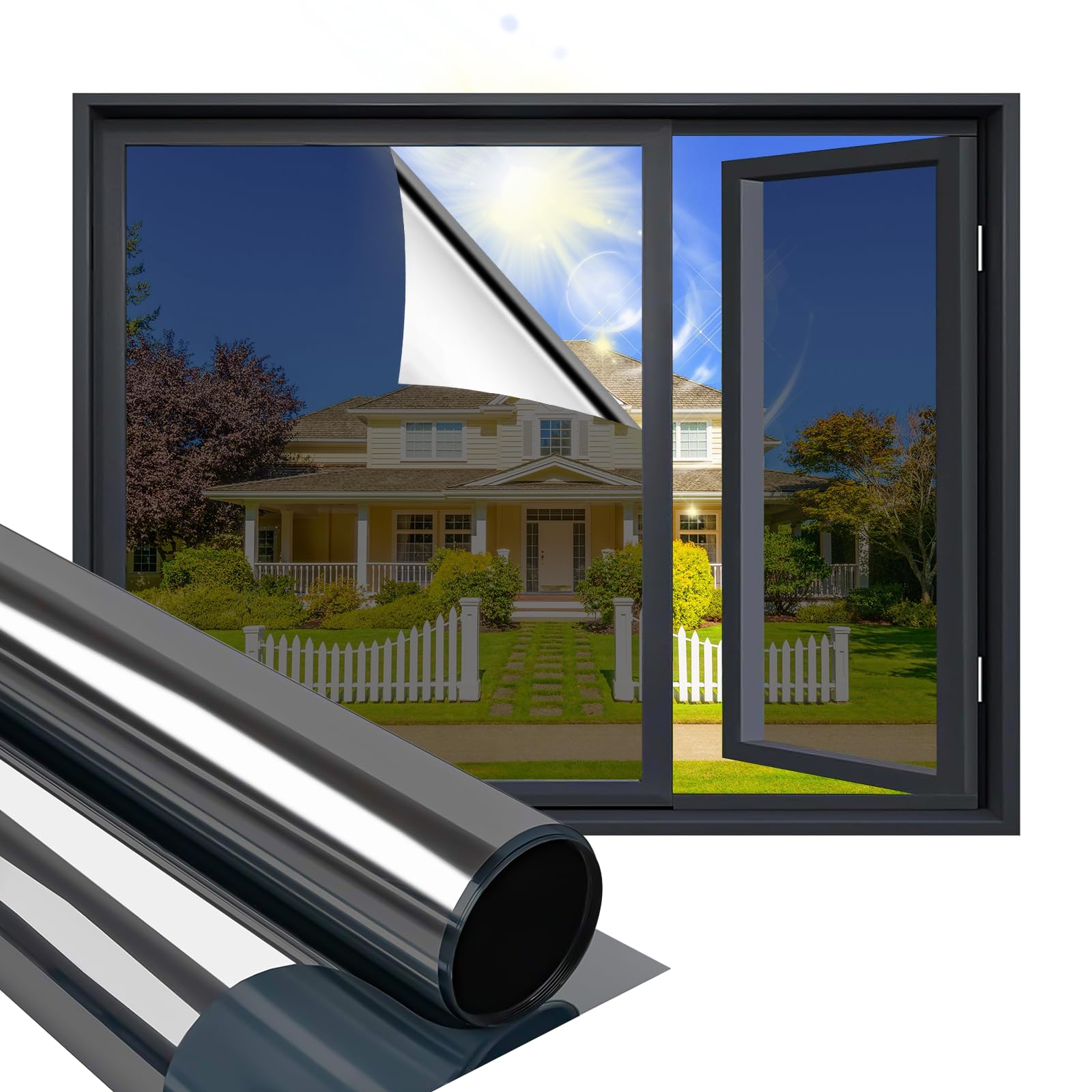 Niviy One Way Window Film Privacy Mirror Effect Self-Adhesive Window Tint UV Heat Control Glass Door Film for Home and Office, Black-Silver 35.4 x 157.4 inches