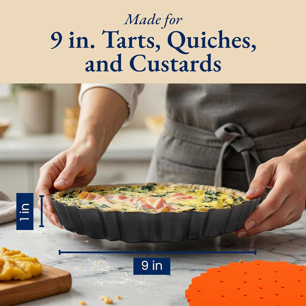 Patz&Patz 9-Inch All-in-One Fluted Tart Pan Set - Removable Bottom, Silicone Crust Shaper & Pie Weight | Nonstick Carbon Steel, PFOA & PTFE-Free