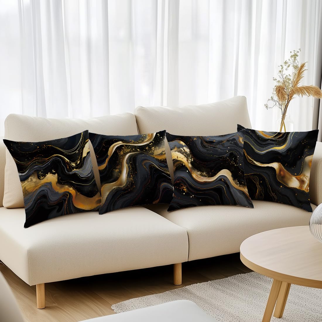 ORMAN Throw Pillow Covers 18 x 18 Inch Black Gold Fluid Cushion Case Decoration for Sofa Couch Set of 4,Farmhouse Home Decor for Sofa Living Room Couch Bed