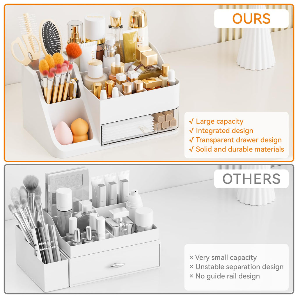 Yieach White Makeup Organizer Countertop,Large Cosmetics Storage Organizer for Make up Brush,Hair Products and Beauty Skincare Organizers,Plastic Makeup Holders and Organizers for Bathroom,Vanity,Desk