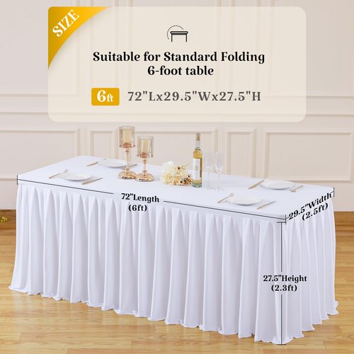 gogoparti Table Skirts for Rectangle Tables 6ft, 6 Pack White Table Covers for 6 Foot Tables Wrinkle Free Stretch Table Cloths with Pleated Skirt Fabric for Banquet, Party, Wedding