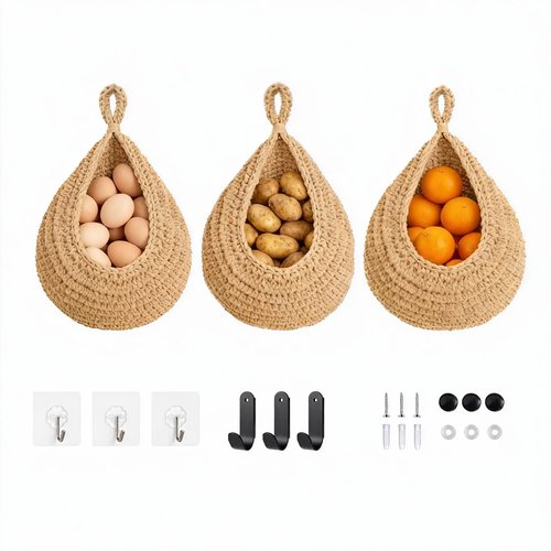 Big Wall Hanging Mounted Fruit and Vegetable Baskets (16in×13in) for Kitchen,3 Pack Boho Storage Baskets with Handwoven Large Strong Hooks for Organizing Potato Onion etc. Plants Decor Organizer.