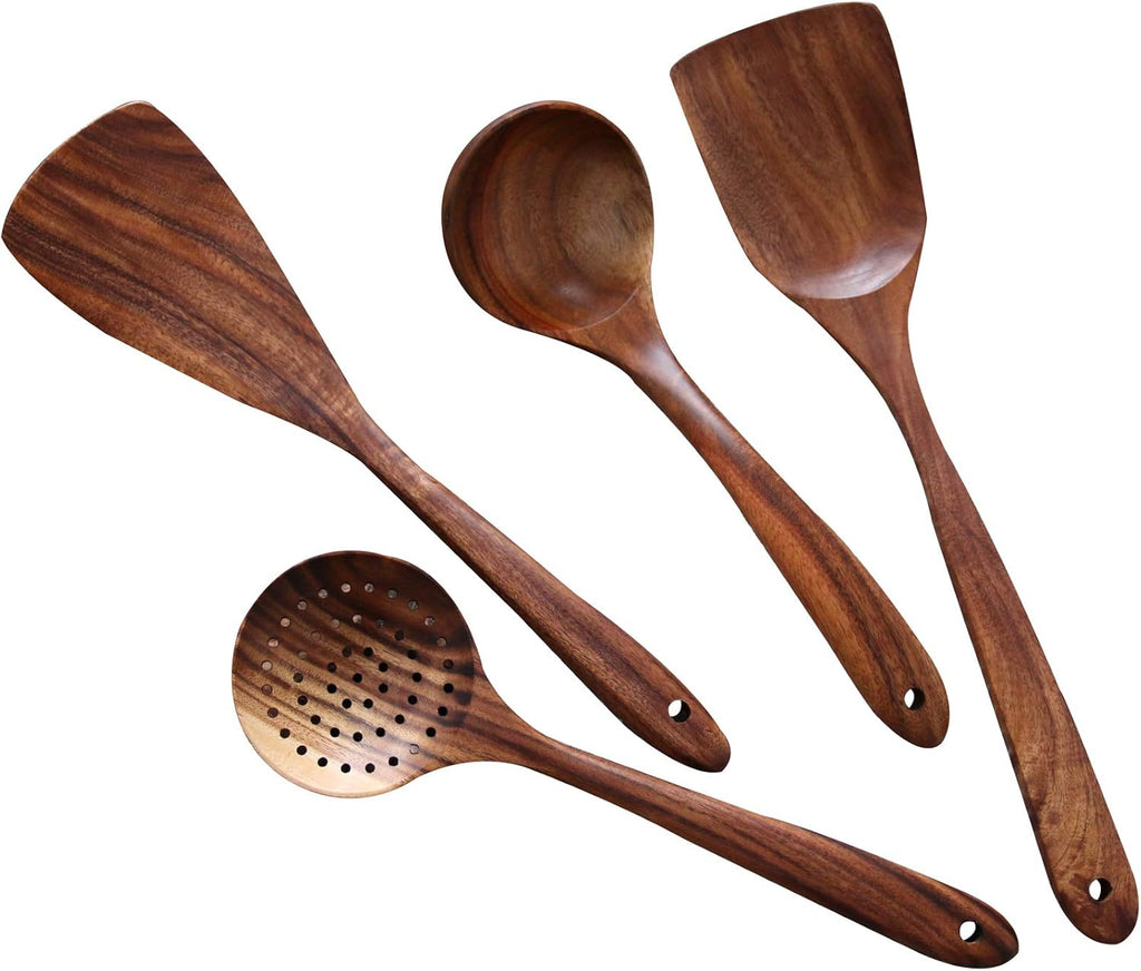 Skiennix Wooden Utensil Set - 4-Piece Luxury Natural Teak Cooking Spoons & Spatulas | Ideal Gift for Home Chefs