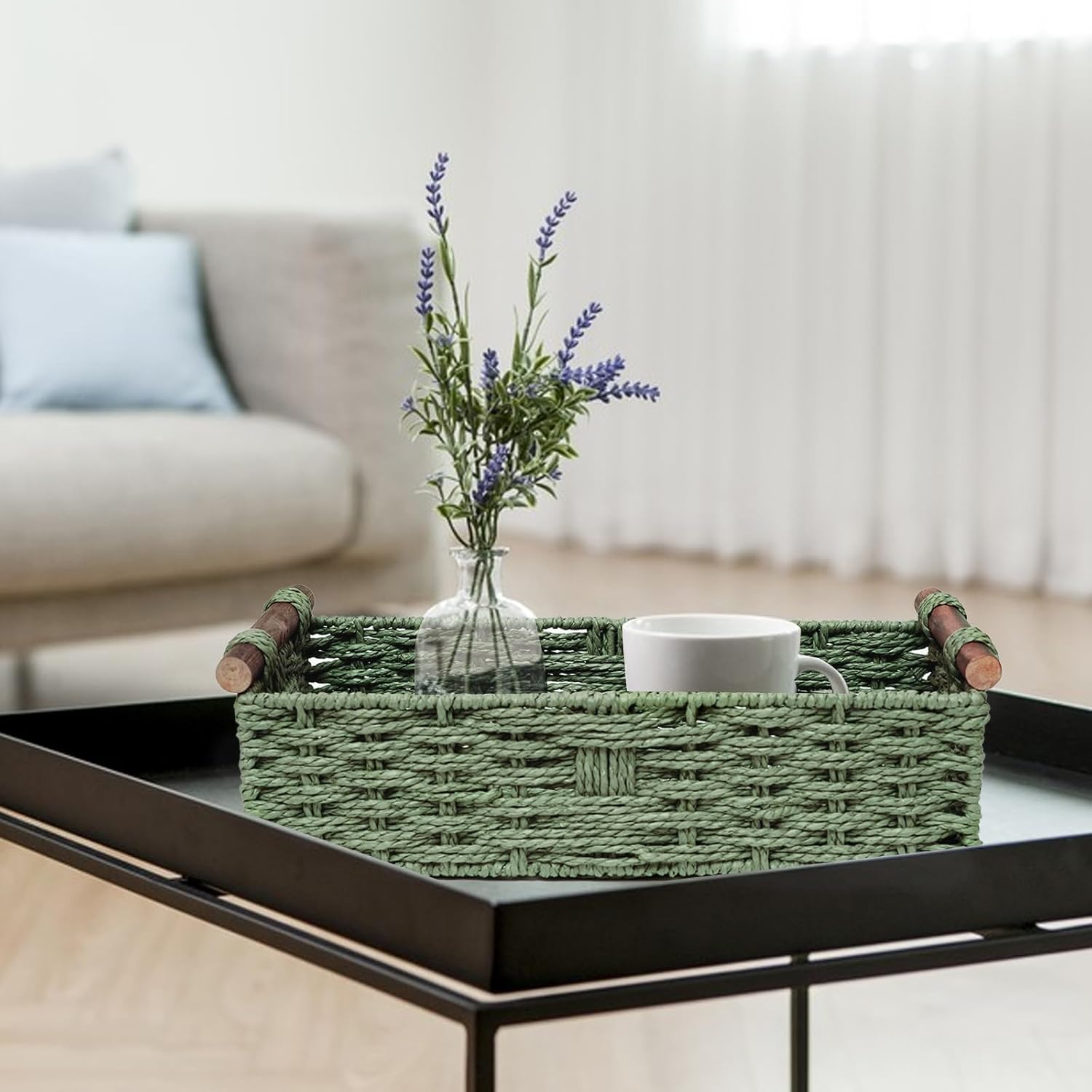 Skiennix Round Paper Rope Storage Basket - Decorative Wicker Organizer with Handle | Green, Small Size