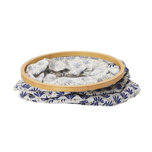 Household Essentials Bamboo Rimmed Round Krush Hamper with Cutout Handles, Blue Cacti