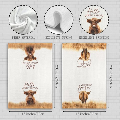 Qeheb Western Highland Cow Bathroom Decor Towels, Farmhouse Hello Sweet Cheeks Hand Towel Decorative Set, Christmas Bathroom Decor, Christmas Highland Cow Lover Gifts Hand Dish Tea Towels 16x24in